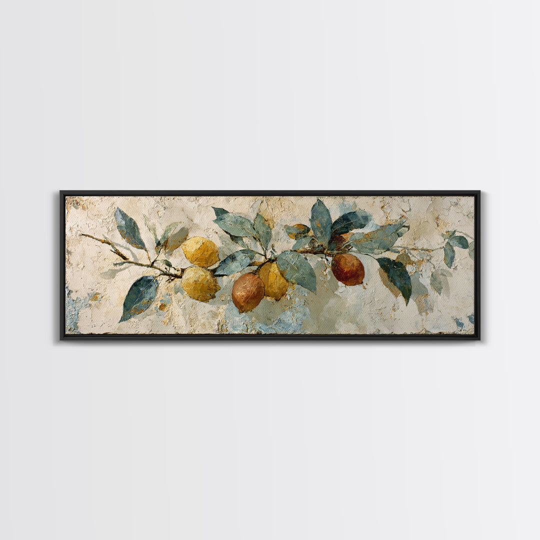 Mediterranean Lemon Branch Still Life Canvas Print, Wall Art, Boho Decor, Living Room Decor, Fine Art, Painting, WAL-3x1-62