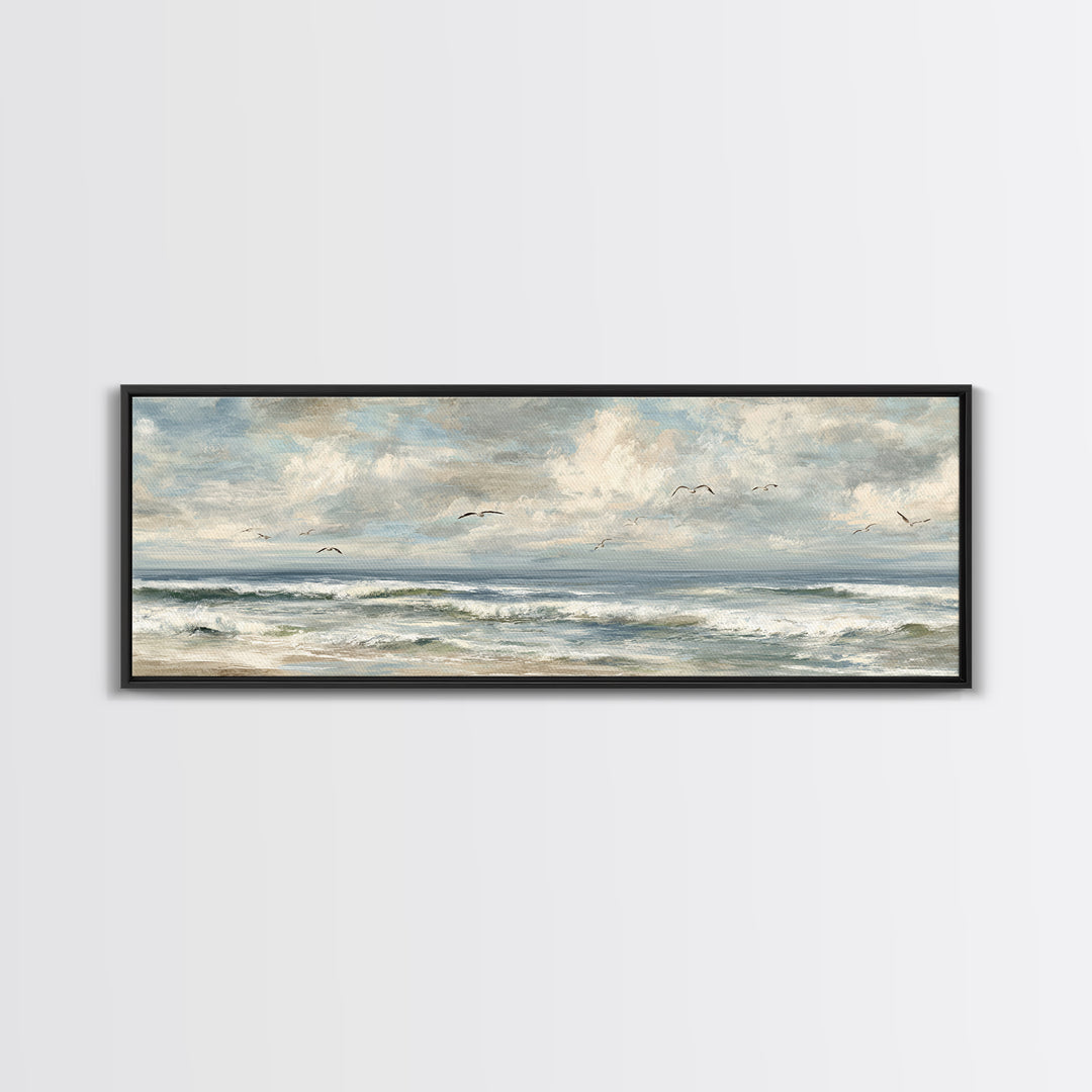 Classic Seascape with Dramatic Clouds Framed Canvas Print, Wall Art, Mid Century Modern, Living Room Decor, Abstract Art, WAL-3x1-67