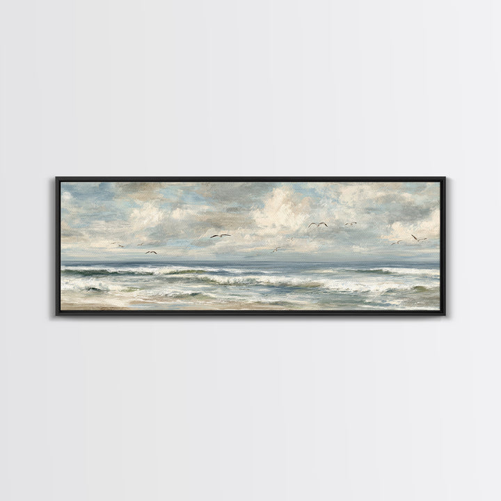 Classic Seascape with Dramatic Clouds Framed Canvas Print, Wall Art, Mid Century Modern, Living Room Decor, Abstract Art, WAL-3x1-67