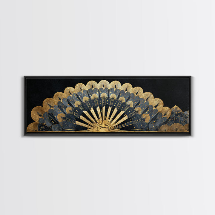 Art Deco Gold Fan Pattern Framed Canvas Print, Wall Art, Painting, Living Room Decor, Fine Art, Wall Hanging, WAL-3x1-84