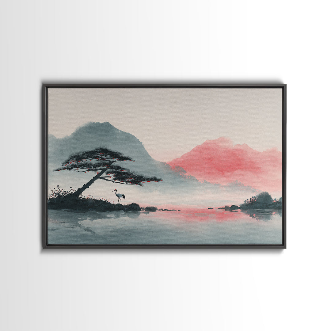 Monochrome Ink Crane Composition Framed Canvas Print, Wall Art, Living Room Decor, Oil Painting, Metal Wall Art, WAL-3x2-100