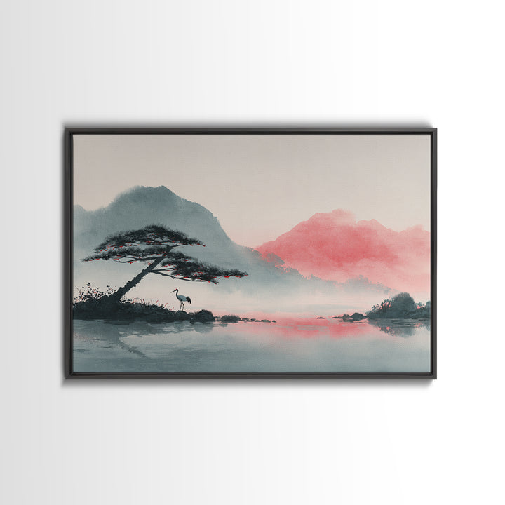 Monochrome Ink Crane Composition Framed Canvas Print, Wall Art, Living Room Decor, Oil Painting, Metal Wall Art, WAL-3x2-100