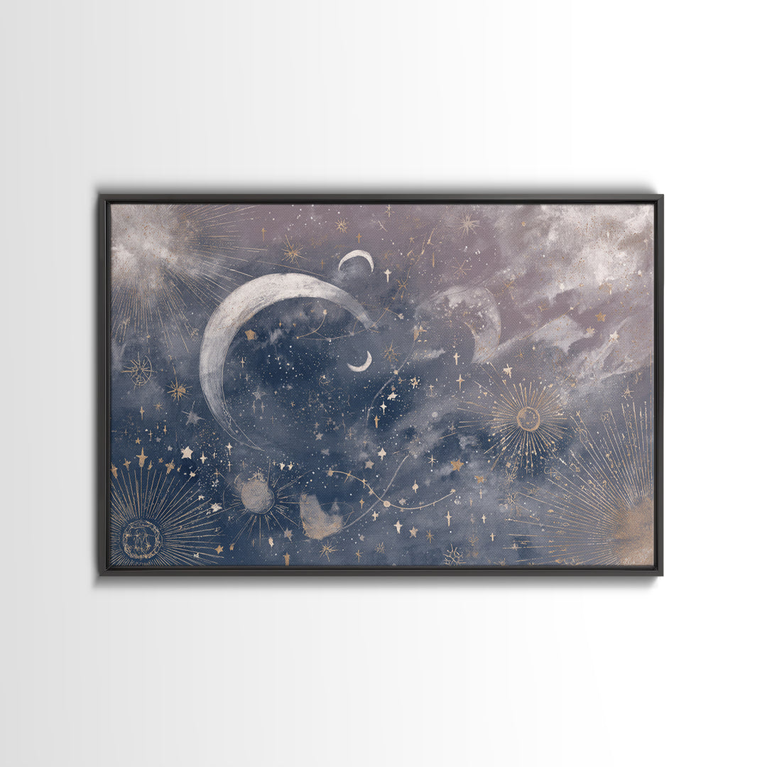 Celestial Moon and Stars Artwork Framed Canvas Print, Wall Art, Digital Wall Art, Living Room Decor, Fine Art, WAL-3x2-18