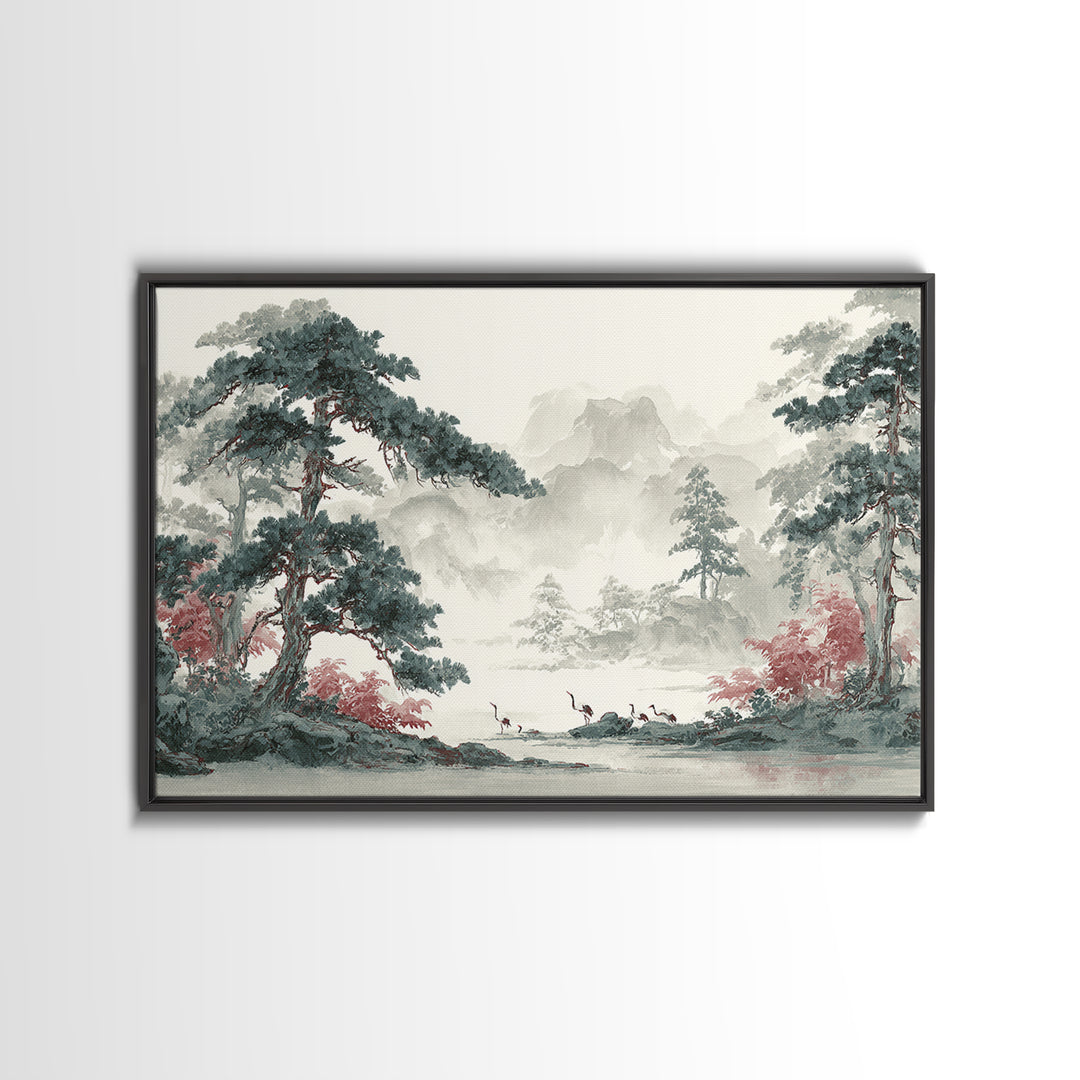 Monochrome Ink Crane Composition Framed Canvas Print, Wall Art, Original Art, Living Room Decor, Fine Art, Modern Decor, WAL-3x2-28