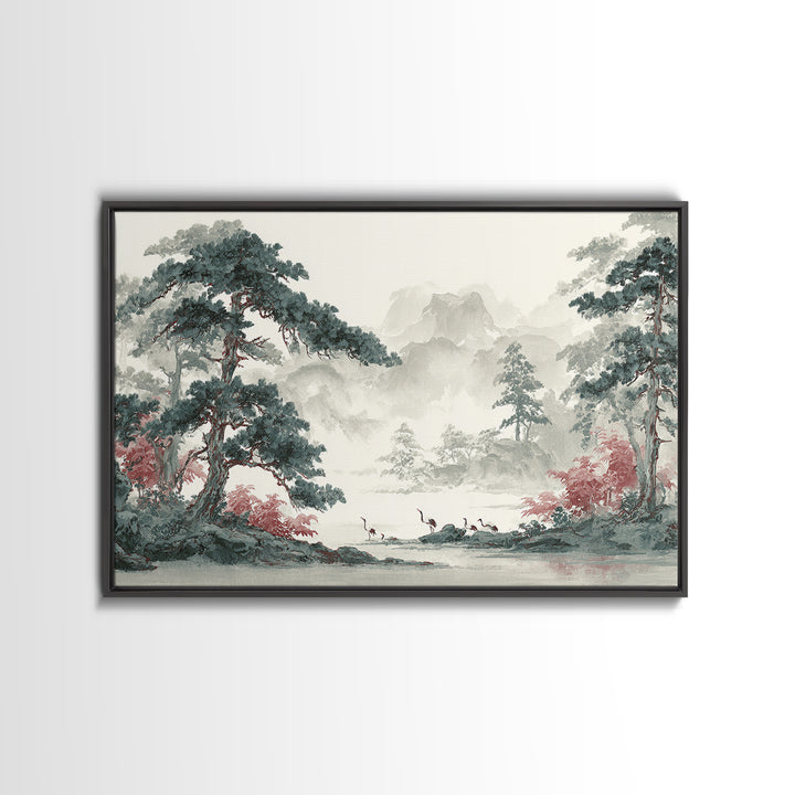 Monochrome Ink Crane Composition Framed Canvas Print, Wall Art, Original Art, Living Room Decor, Fine Art, Modern Decor, WAL-3x2-28