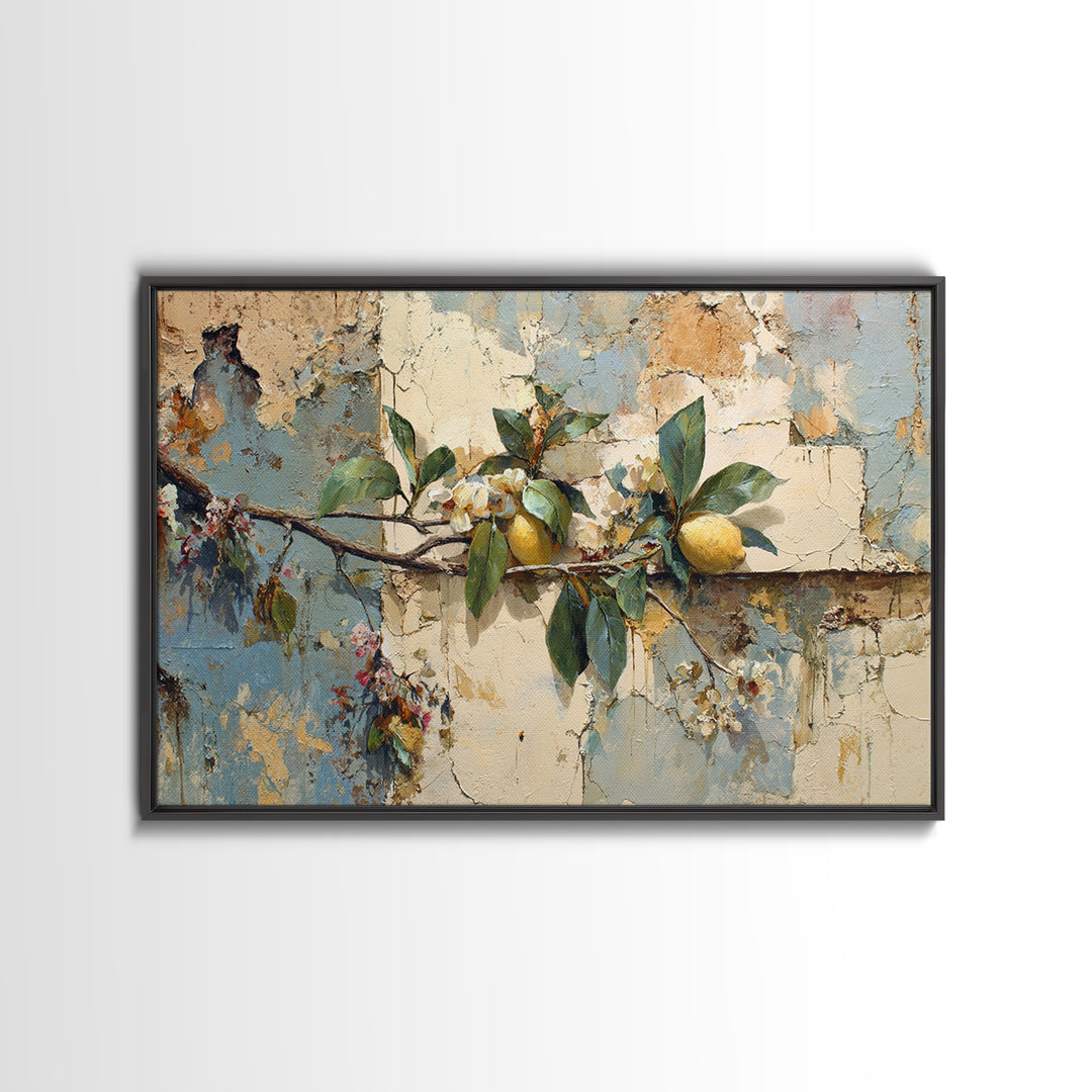 Mediterranean Lemon Branch Still Life Framed Canvas Print, Wall Art, Framed Wall Art, Living Room Decor, Fine Art, WAL-3x2-50