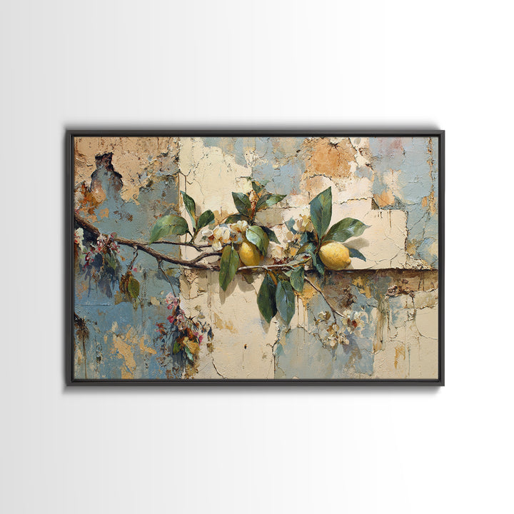 Mediterranean Lemon Branch Still Life Framed Canvas Print, Wall Art, Framed Wall Art, Living Room Decor, Fine Art, WAL-3x2-50