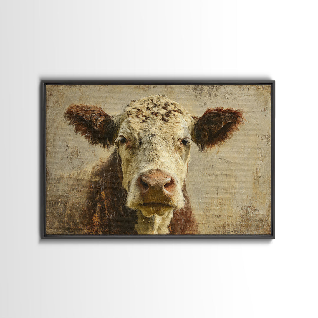 Rustic Farmhouse Cow Portrait Framed Canvas Print, Wall Art, Abstract Wall Art, Living Room Decor, Fine Art, WAL-3x2-71