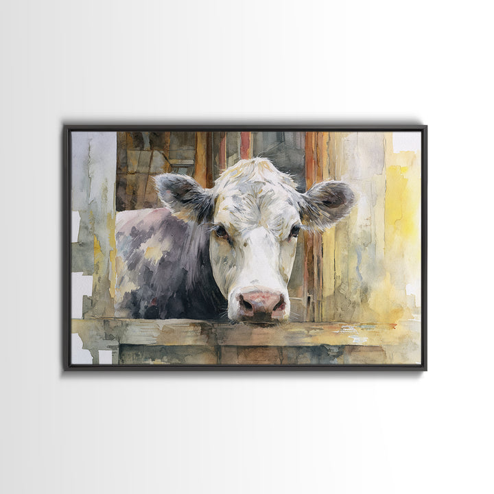 Rustic Farmhouse Cow Portrait Framed Canvas Print, Wall Art, Canvas, Living Room Decor, Oil Painting, Canvas Wall Art, WAL-3x2-95