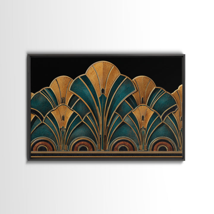 Art Deco Gold Fan Pattern Framed Canvas Print, Wall Art, Painting, Living Room Decor, Fine Art, Wall Hanging, WAL-3x2-96