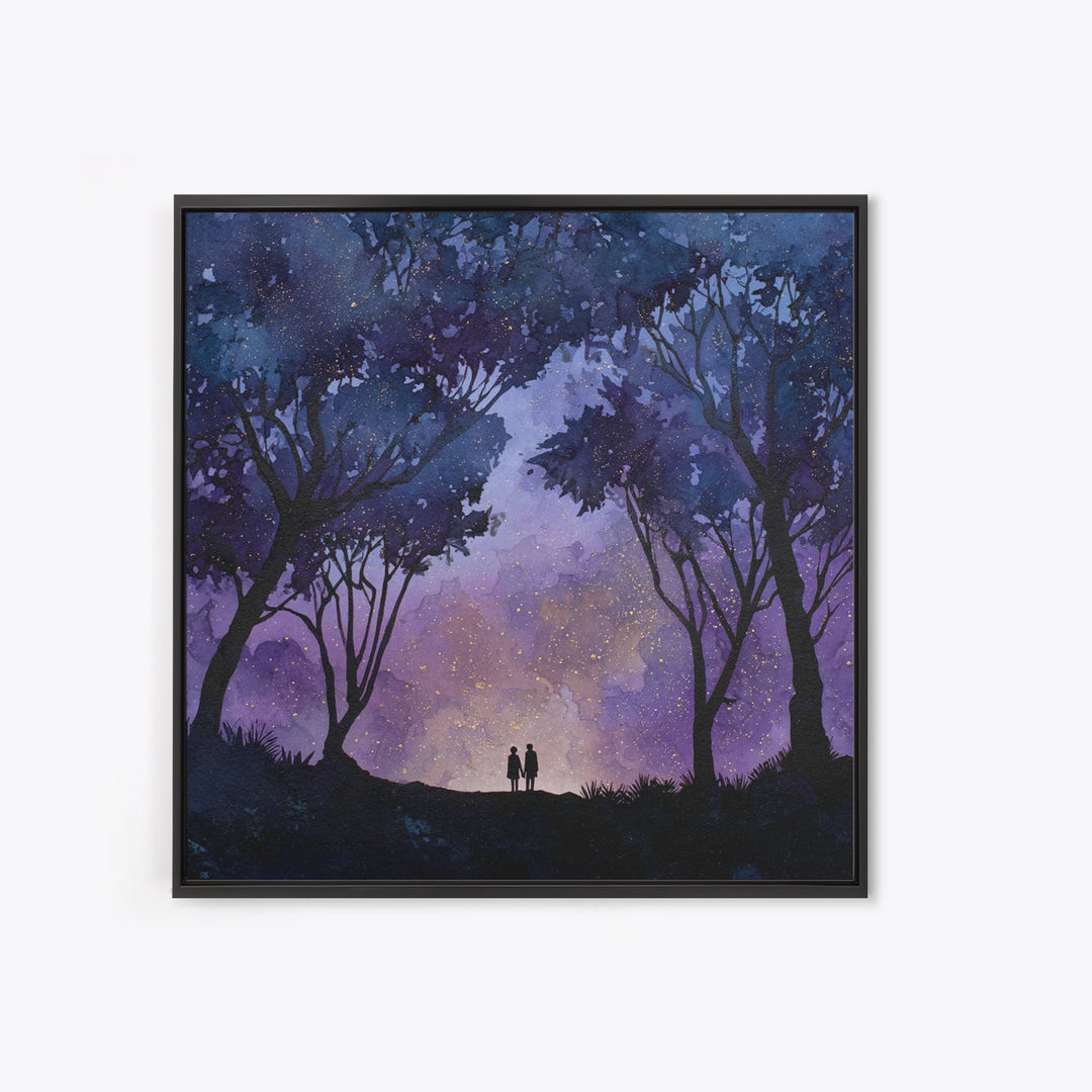 Couple Silhouette Beneath Moonlit Trees Framed Canvas Print, Wedding Art, Personalized Wedding, Living Room Decor, Romance, WED-1x1-29