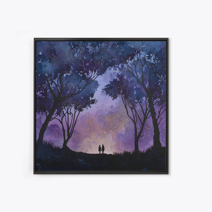 Couple Silhouette Beneath Moonlit Trees Framed Canvas Print, Wedding Art, Personalized Wedding, Living Room Decor, Romance, WED-1x1-29