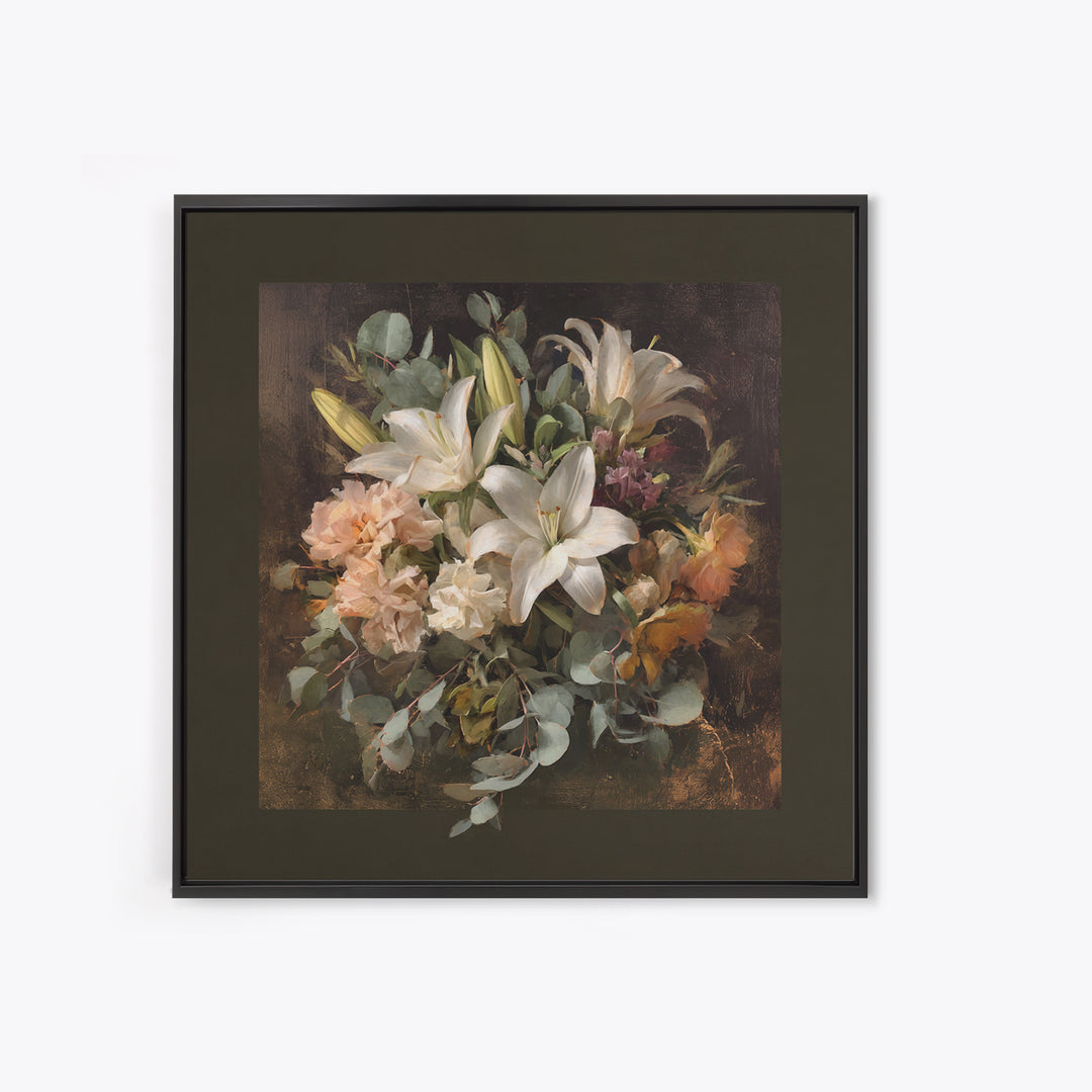 White Lilies and Eucalyptus Arrangement Framed Canvas Print, Wedding Art, Wedding Poster, Living Room Decor, Abstract Art, WED-1x1-33