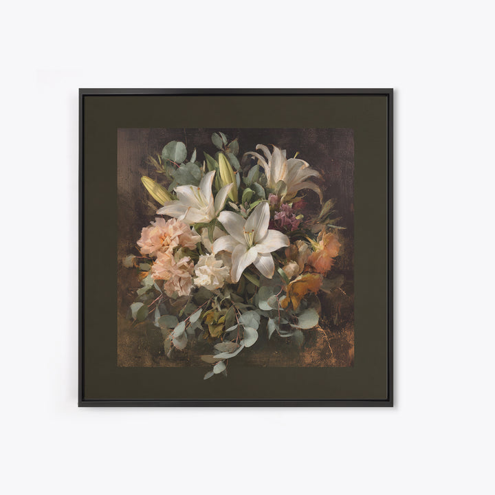 White Lilies and Eucalyptus Arrangement Framed Canvas Print, Wedding Art, Wedding Poster, Living Room Decor, Abstract Art, WED-1x1-33