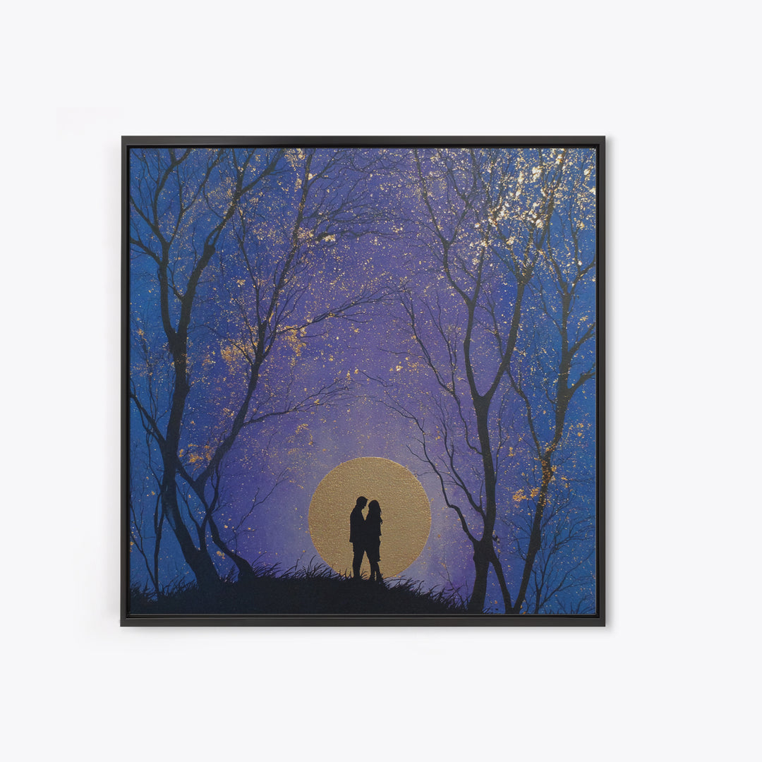 Couple Silhouette Beneath Moonlit Trees Framed Canvas Print, Wedding Art, Personalized Wedding, Living Room Decor, Romance, WED-1x1-53