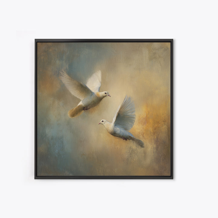 Doves Flying Through Soft Golden Light Canvas Print, Wedding Art, Wedding Painting, Living Room Decor, Fine Art, Romance, WED-1x1-59