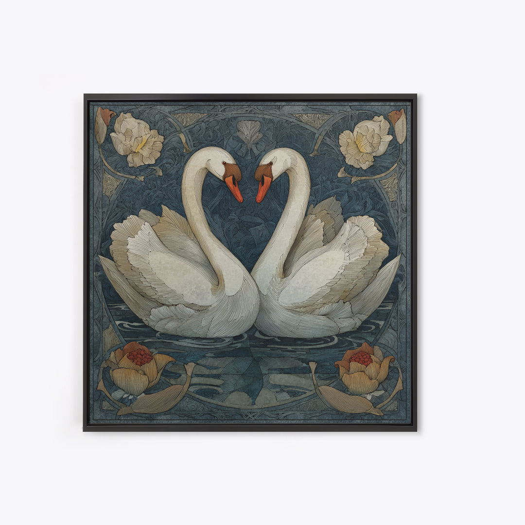 Two Swans Forming a Heart on Dark Framed Canvas Print, Wedding Art, Personalized Art, Living Room Decor, Fine Art, Romance, WED-1x1-74