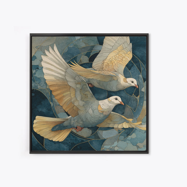 Doves Flying Through Soft Golden Light Framed Canvas Print, Wedding Art, Wall Decor, Living Room Decor, Fine Art, Romance, WED-1x1-83