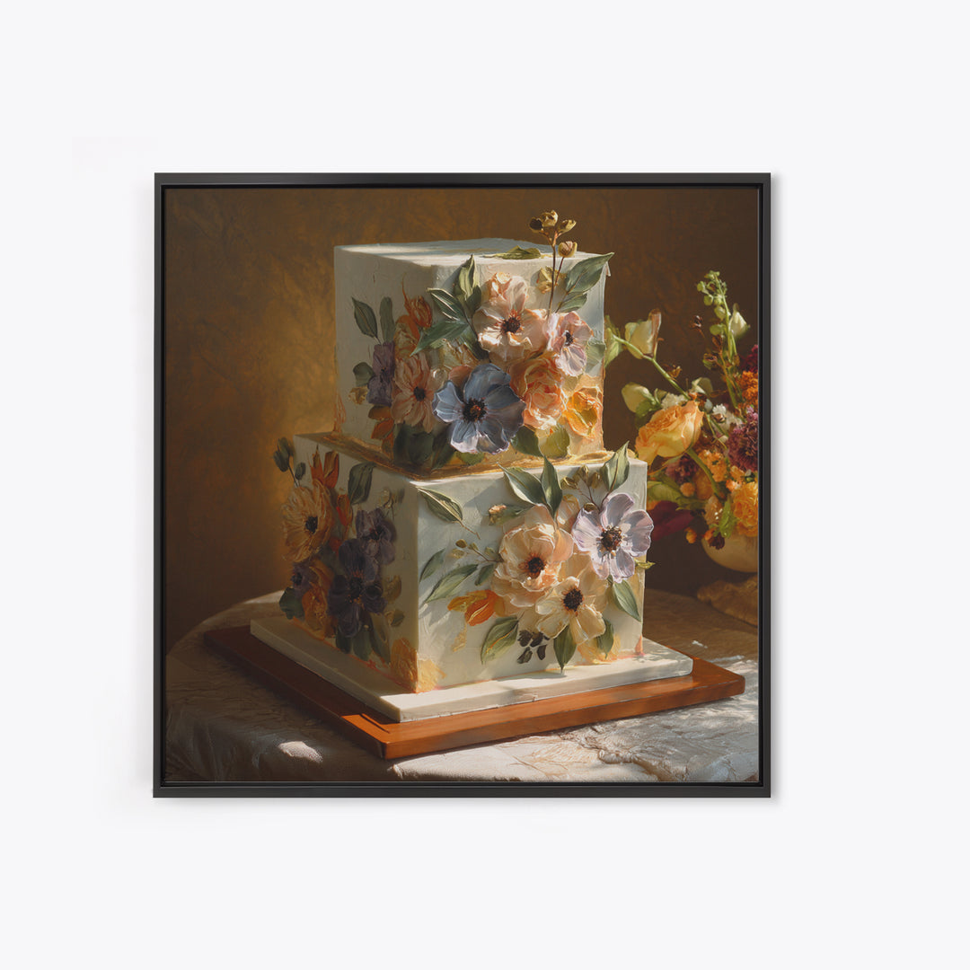 Wedding Cake with Flowers in Painterly Style Canvas Print, Wedding Art, Wedding Poster, Living Room Decor, Oil Painting, WED-1x1-86