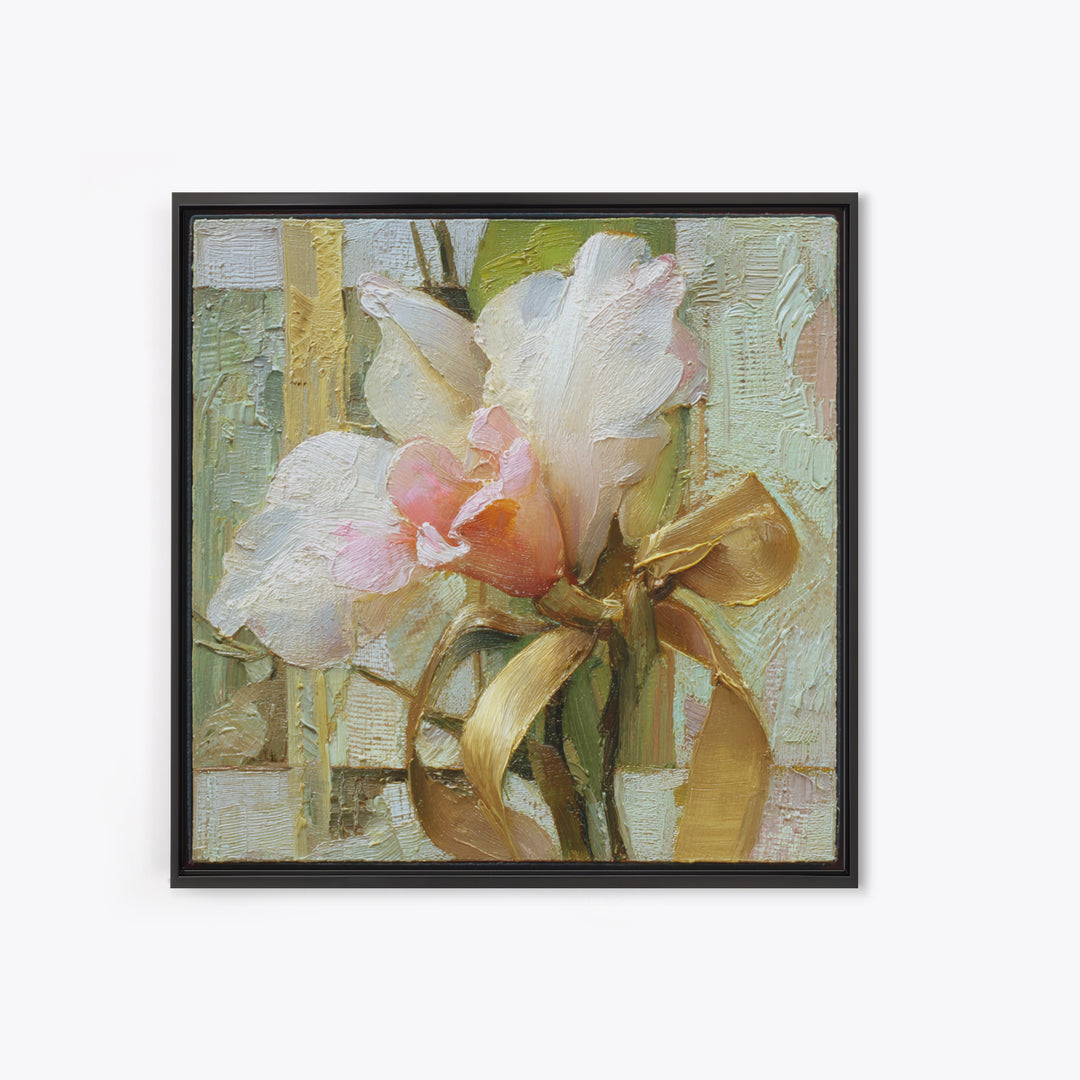 White Orchid and Gold Ribbon Composition Framed Canvas Print, Wedding Art, Wedding Gift, Living Room Decor, Fine Art, Romance, WED-1x1-96