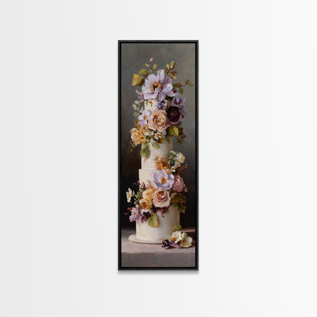 Wedding Cake with Flowers in Painterly Style Canvas Print, Wedding Art, Rustic Wedding, Living Room Decor, Watercolor Art, WED-1x3-2