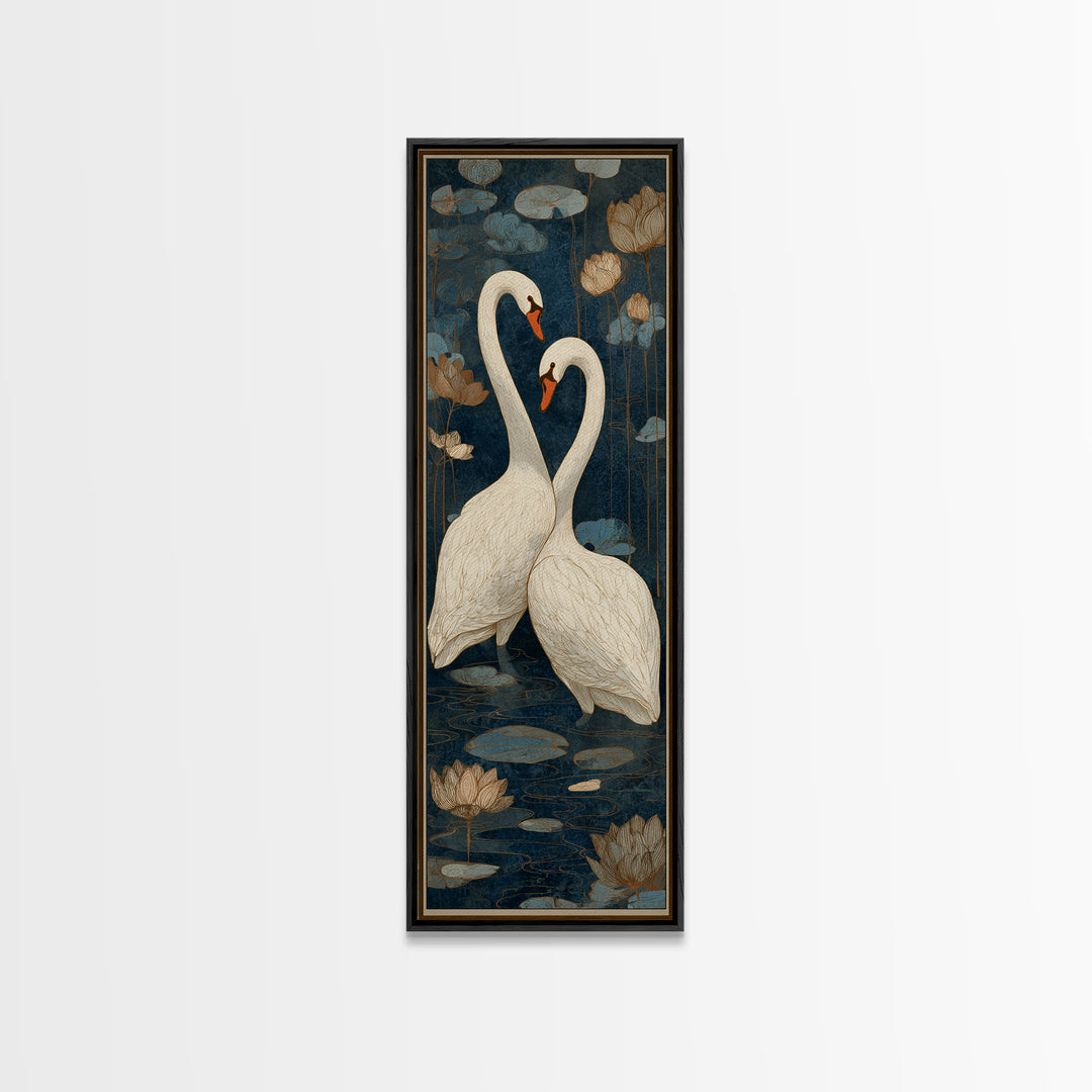 Two Swans Forming a Heart on Dark Canvas Print, Wedding Art, Bride and Groom, Living Room Decor, Romance, Neutral Decor, WED-1x3-38