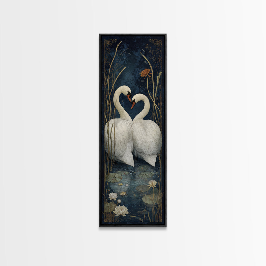 Two Swans Forming a Heart on Dark Framed Canvas Print, Wedding Art, Wedding Painting, Living Room Decor, Fine Art, Romance, WED-1x3-62