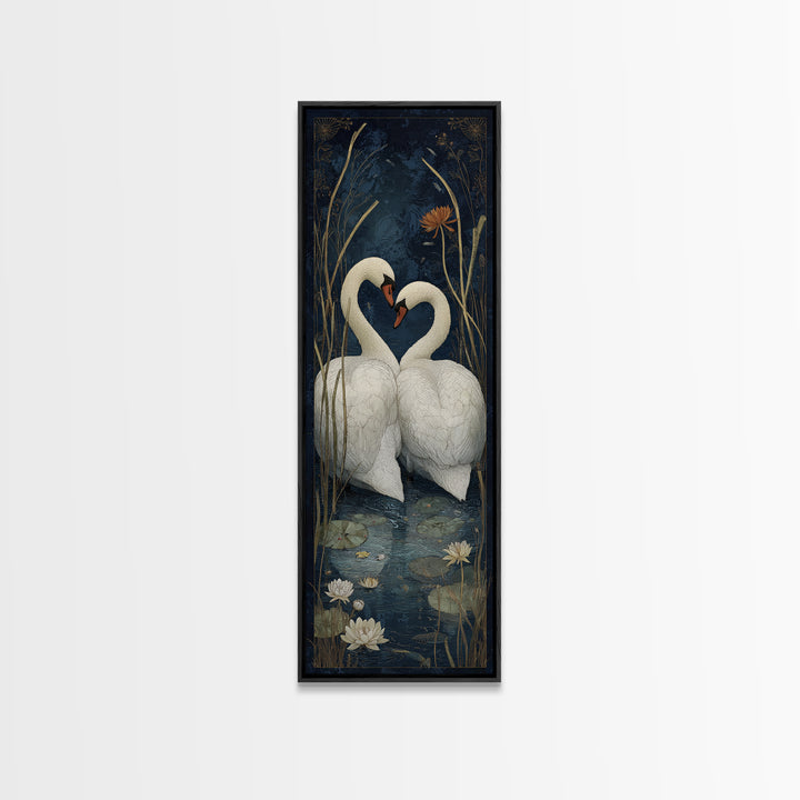 Two Swans Forming a Heart on Dark Framed Canvas Print, Wedding Art, Wedding Painting, Living Room Decor, Fine Art, Romance, WED-1x3-62