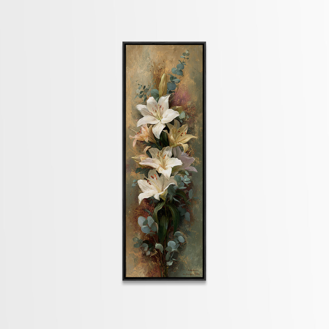 White Lilies and Eucalyptus Arrangement Framed Canvas Print, Wedding Art, Wedding Stationery, Living Room Decor, Oil Painting, WED-1x3-69