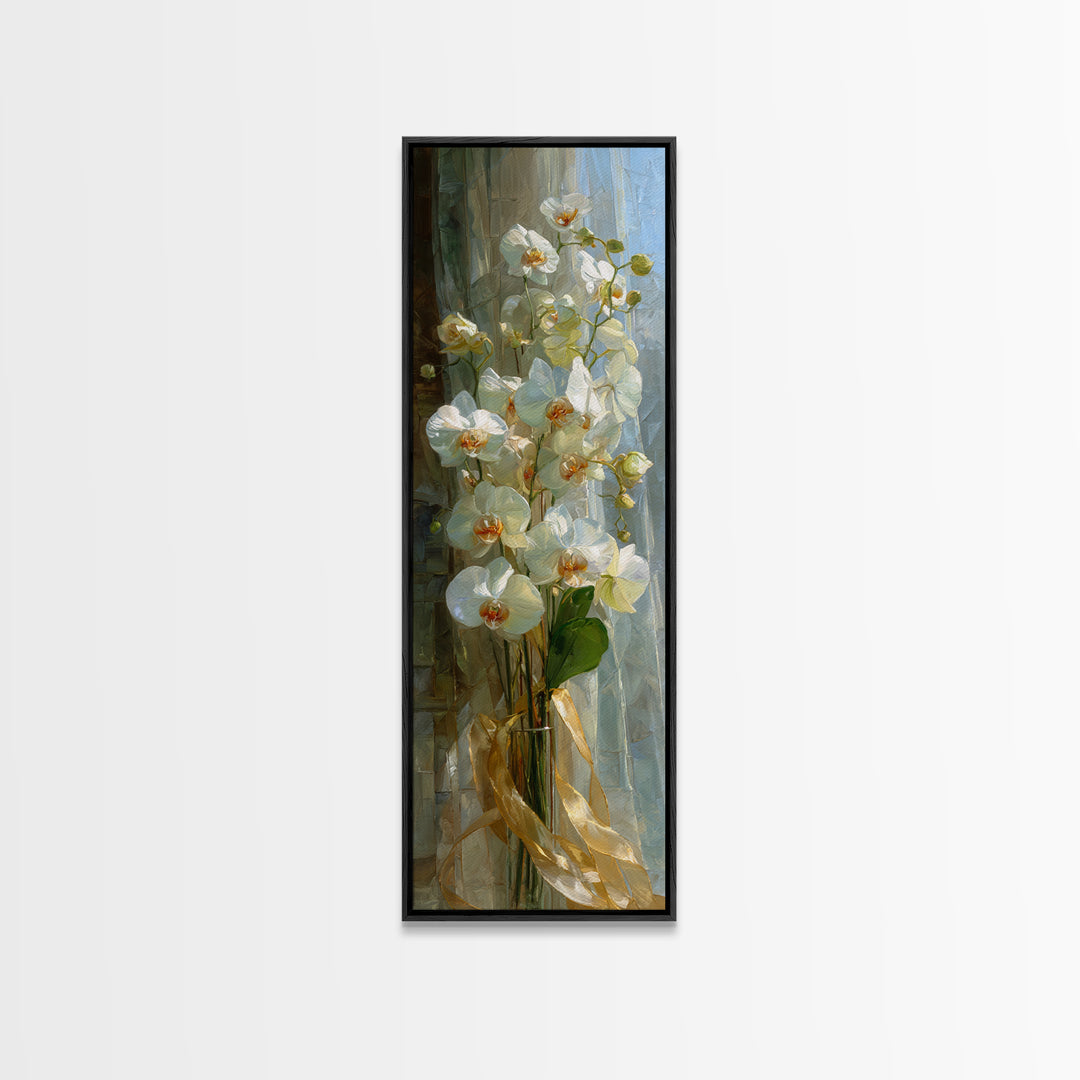 White Orchid and Gold Ribbon Composition Framed Canvas Print, Wedding Art, Art, Living Room Decor, Fine Art, Romance, WED-1x3-84
