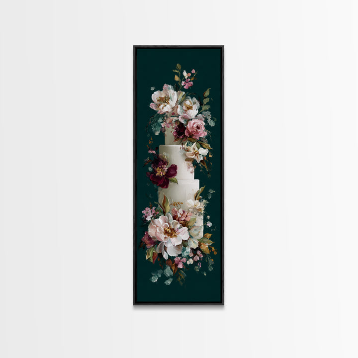 Wedding Cake with Flowers in Painterly Style Canvas Print, Wedding Art, Wedding Stationery, Living Room Decor, Romance, WED-1x3-98