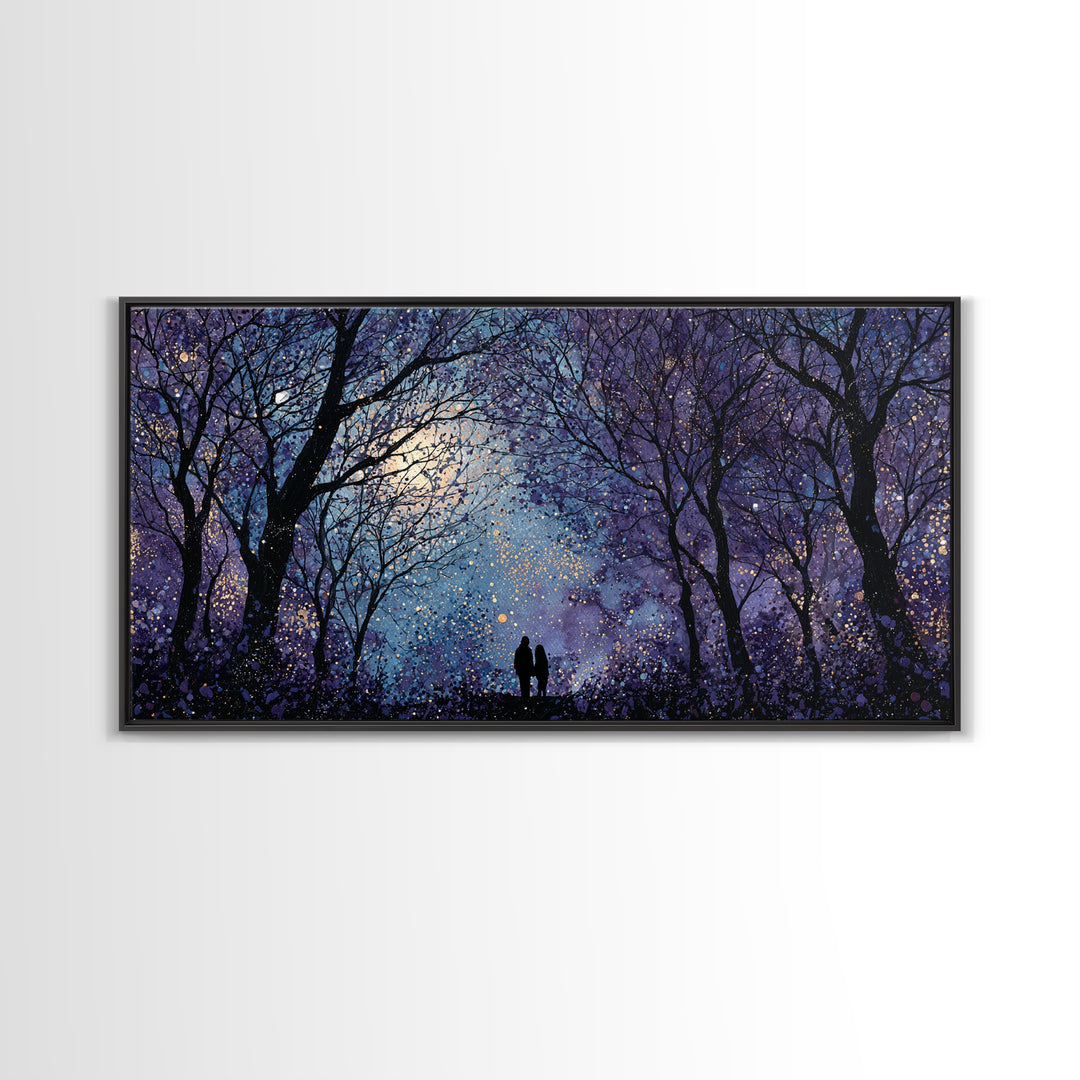 Couple Silhouette Beneath Moonlit Trees Framed Canvas Print, Wedding Art, Luxury Decor, Living Room Decor, Fine Art, Romance, WED-2x1-1