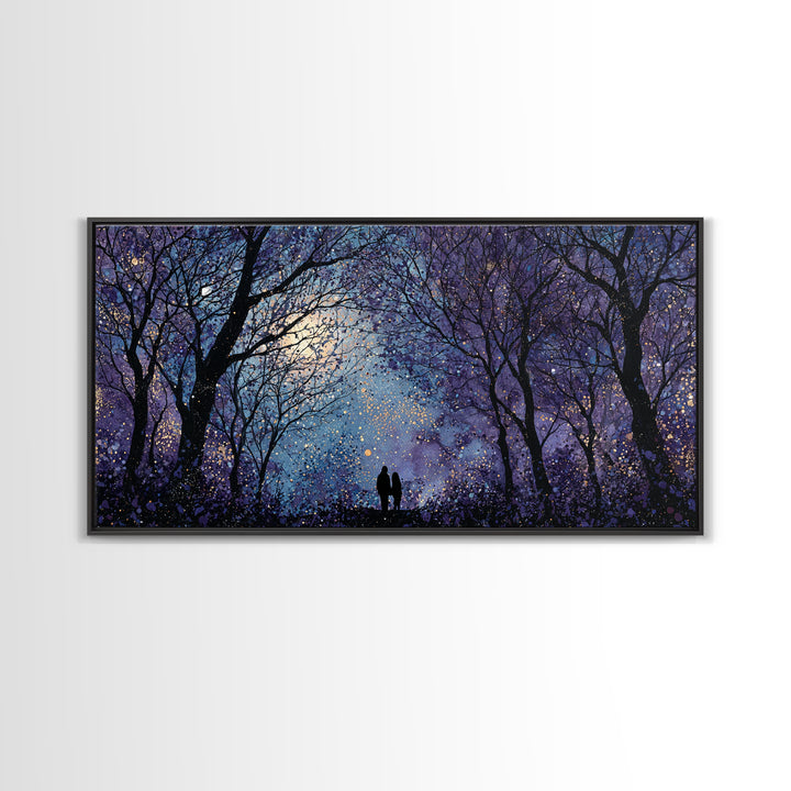 Couple Silhouette Beneath Moonlit Trees Framed Canvas Print, Wedding Art, Luxury Decor, Living Room Decor, Fine Art, Romance, WED-2x1-1