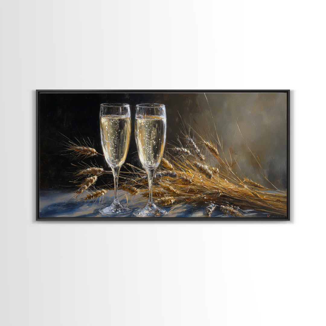 Champagne Glasses with Delicate Sparkle Canvas Print, Wedding Art, Wall Decor, Living Room Decor, Abstract Art, Romance, WED-2x1-2