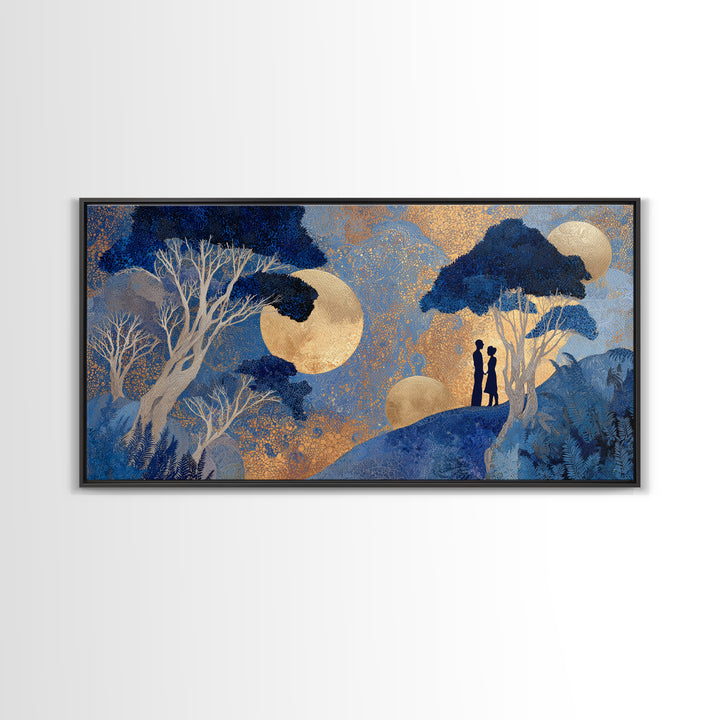 Couple Silhouette Beneath Moonlit Trees Framed Canvas Print, Wedding Art, Luxury Decor, Living Room Decor, Fine Art, Romance, WED-2x1-25