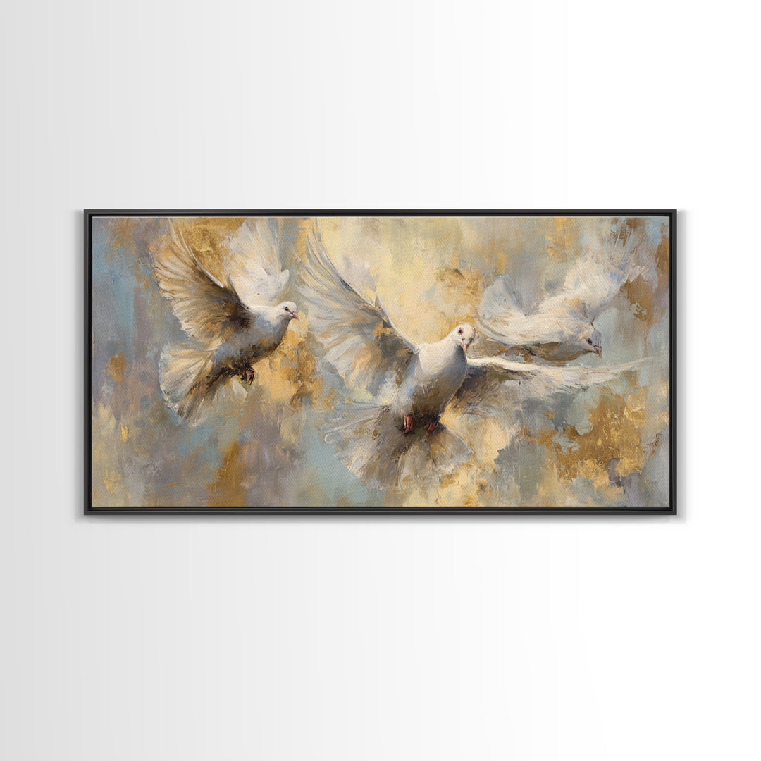 Doves Flying Through Soft Golden Light Canvas Print, Wedding Art, Art Print, Living Room Decor, Romance, Downloadable Art, WED-2x1-31