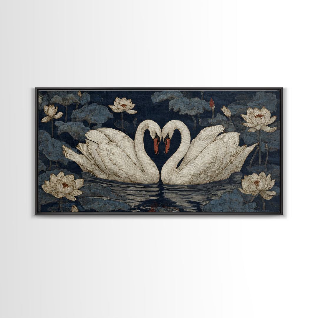 Two Swans Forming a Heart on Dark Framed Canvas Print, Wedding Art, Boho Decor, Living Room Decor, Fine Art, Romance, WED-2x1-46