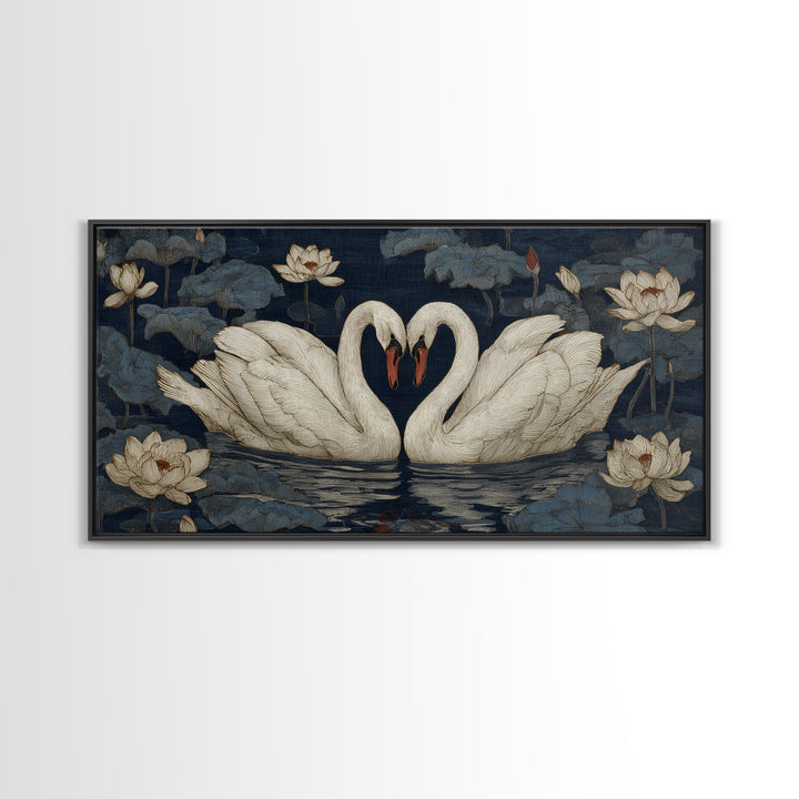 Two Swans Forming a Heart on Dark Framed Canvas Print, Wedding Art, Boho Decor, Living Room Decor, Fine Art, Romance, WED-2x1-46