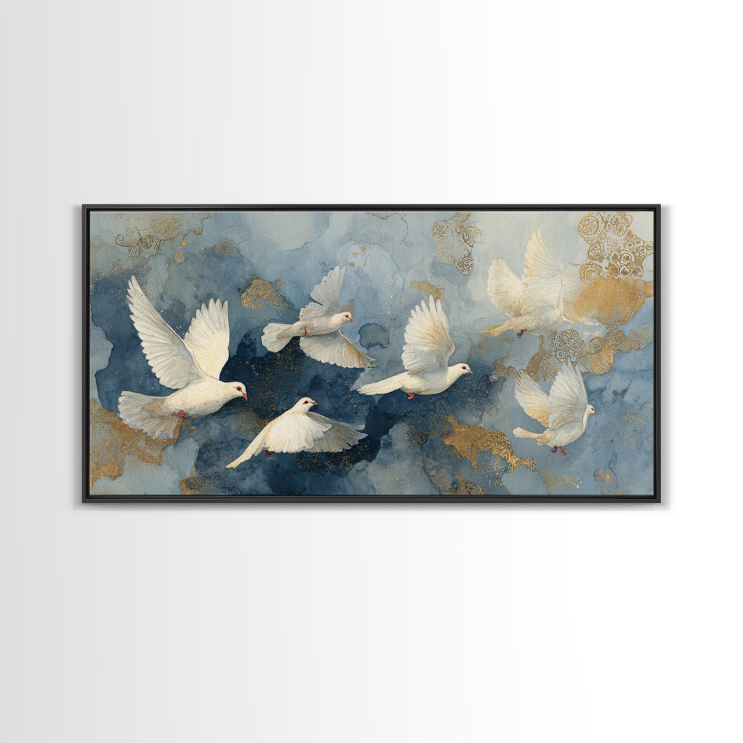 Doves Flying Through Soft Golden Light Framed Canvas Print, Wedding Art, Custom Painting, Living Room Decor, Fine Art, Romance, WED-2x1-55