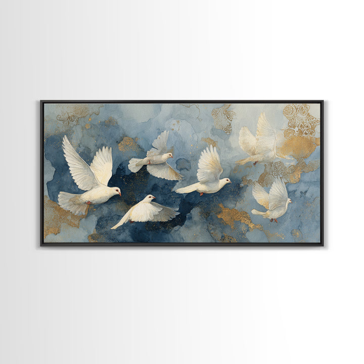 Doves Flying Through Soft Golden Light Framed Canvas Print, Wedding Art, Custom Painting, Living Room Decor, Fine Art, Romance, WED-2x1-55