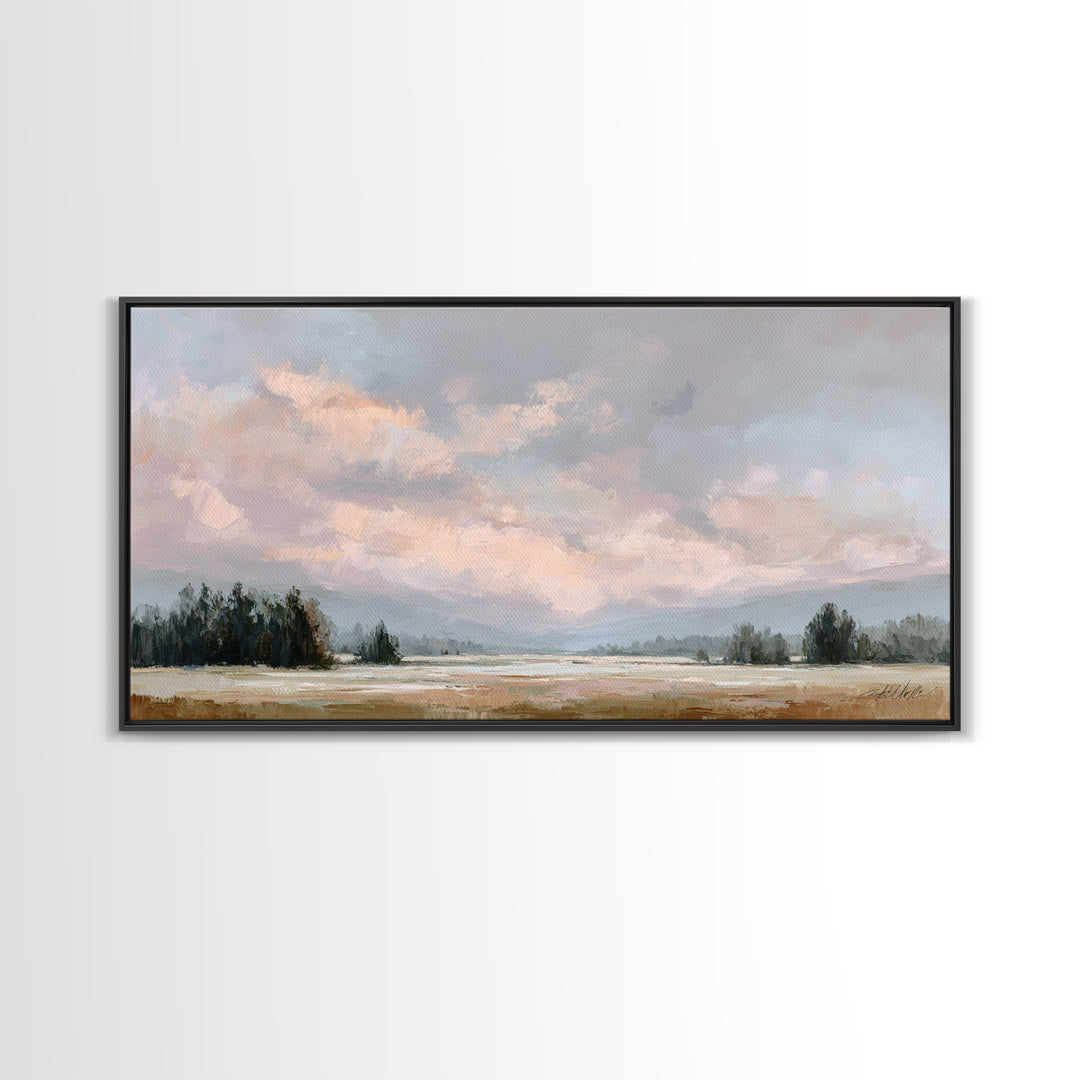 Blush Cloudscape with Dreamy Atmosphere Framed Canvas Print, Wedding Art, Downloadable Art, Living Room Decor, Watercolor Art, WED-2x1-59