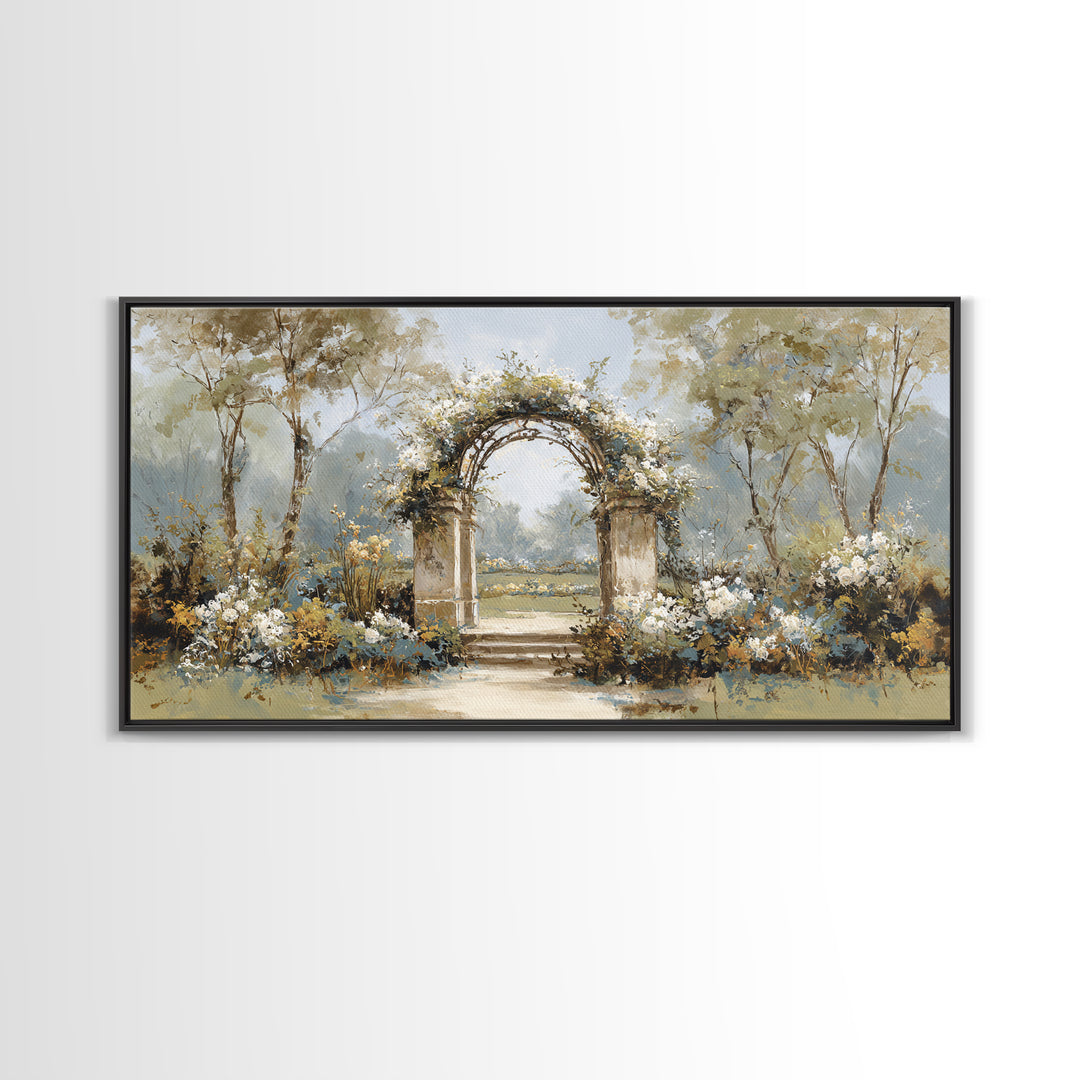 Romantic Garden Arch Covered Framed Canvas Print, Wedding Art, Neutral Decor, Living Room Decor, Oil Painting, Romance, WED-2x1-6