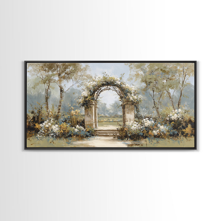 Romantic Garden Arch Covered Framed Canvas Print, Wedding Art, Neutral Decor, Living Room Decor, Oil Painting, Romance, WED-2x1-6