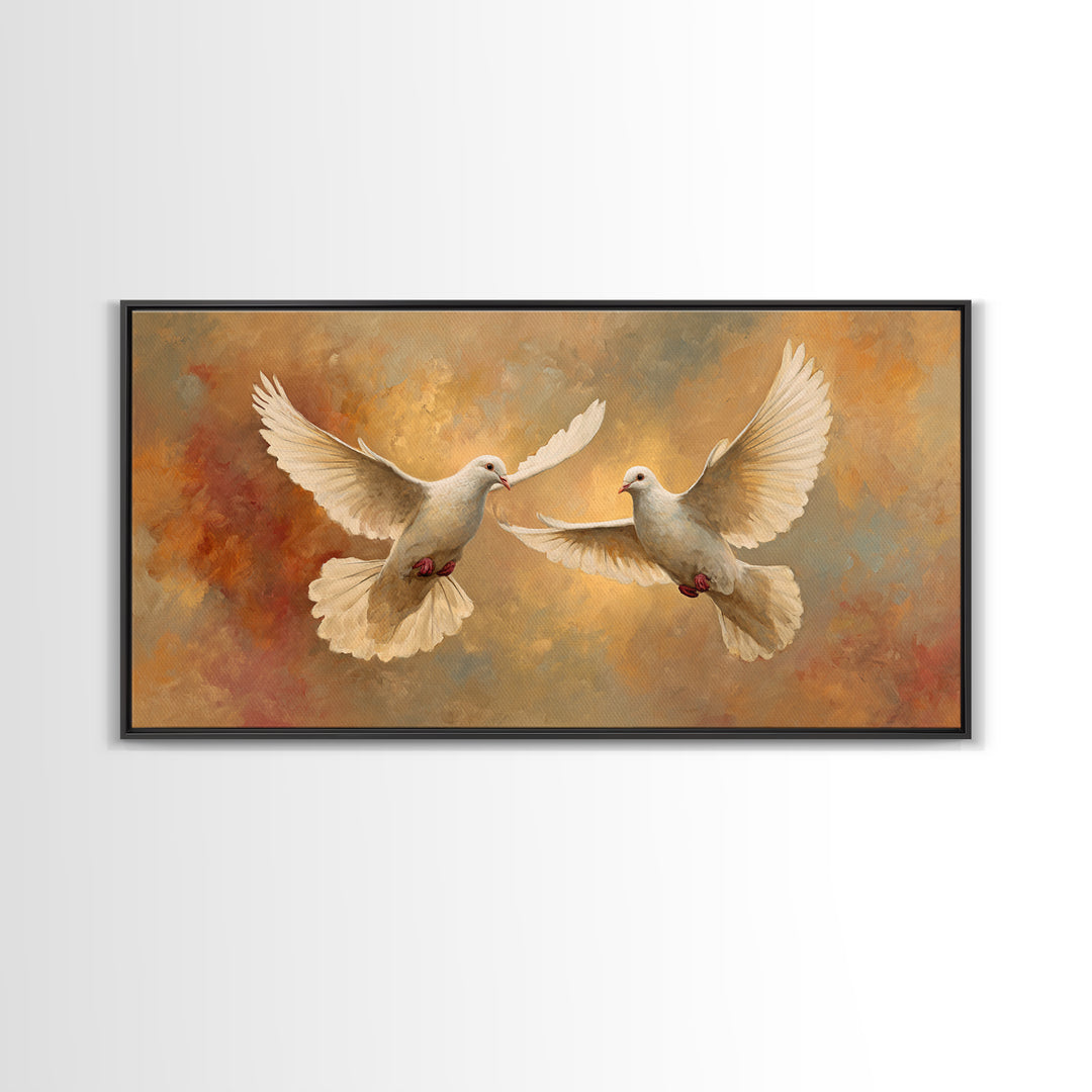 Doves Flying Through Soft Golden Light Framed Canvas Print, Wedding Art, Contemporary Art, Living Room Decor, Fine Art, Romance, WED-2x1-7