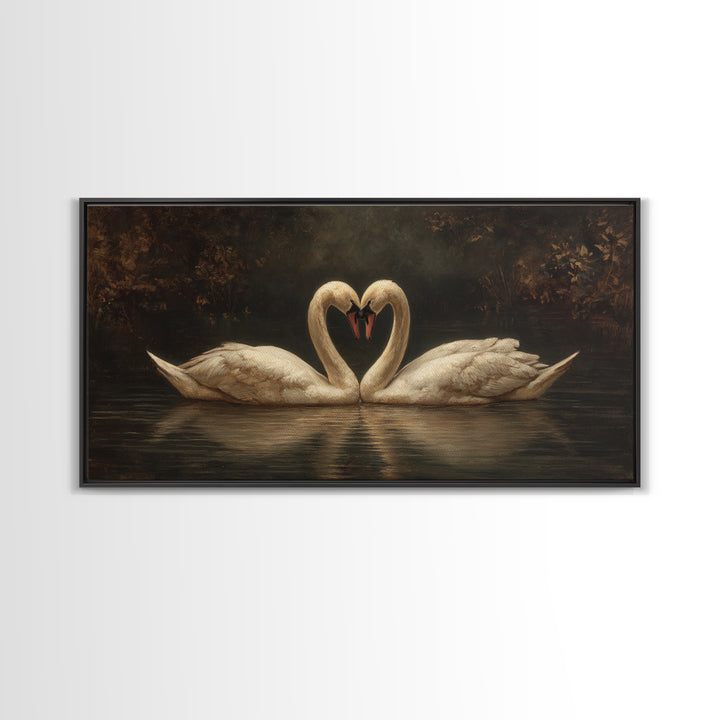 Two Swans Forming a Heart on Dark Canvas Print, Wedding Art, Minimalist Decor, Living Room Decor, Romance, Custom Painting, WED-2x1-70