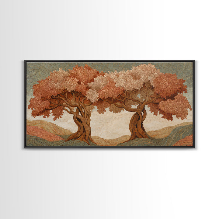 Two Intertwined Trees as Symbolic Artwork Framed Canvas Print, Wedding Art, Wedding Dress, Living Room Decor, Fine Art, Romance, WED-2x1-91