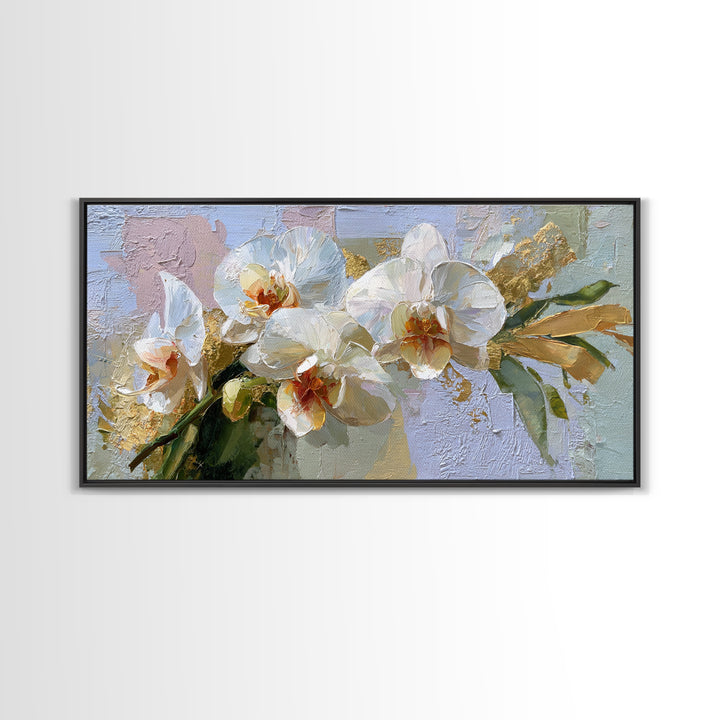 White Orchid and Gold Ribbon Composition Framed Canvas Print, Wedding Art, Custom Wedding Gift, Living Room Decor, Oil Painting, WED-2x1-92