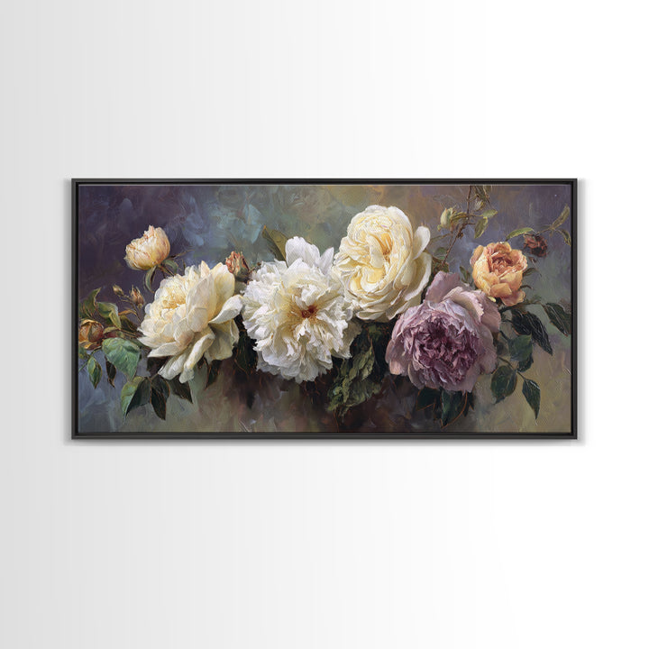 Romantic Bouquet of White Roses and Peonies Canvas Print, Wedding Art, Art Print, Living Room Decor, Fine Art, Romance, WED-2x1-93