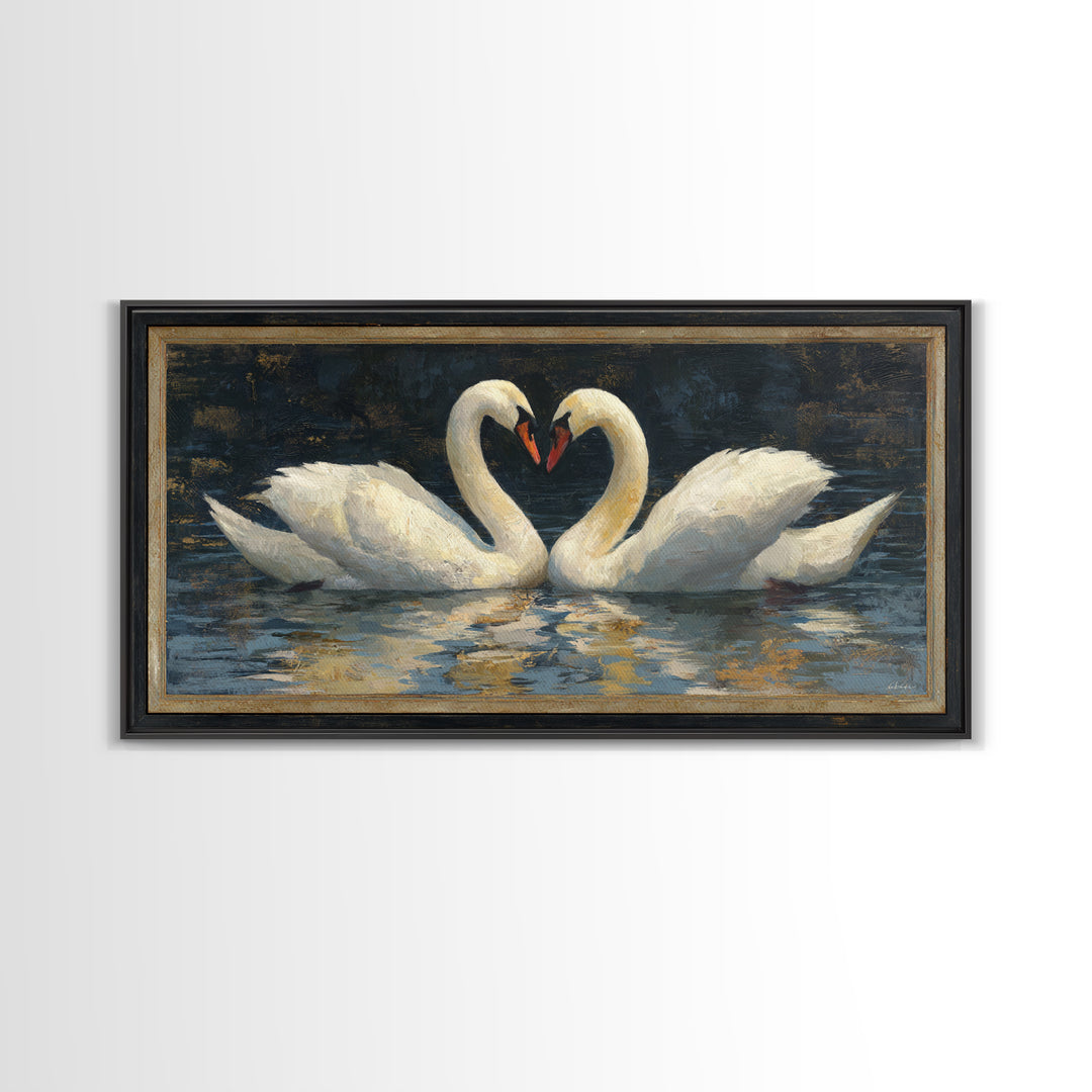 Two Swans Forming a Heart on Dark Canvas Print, Wedding Art, Minimalist Decor, Living Room Decor, Romance, Custom Painting, WED-2x1-94