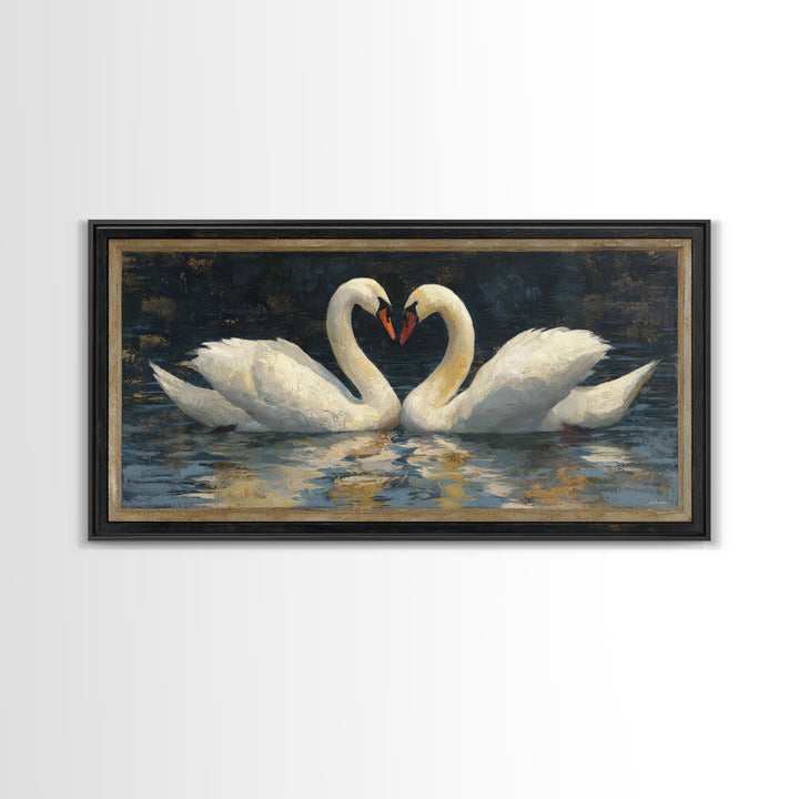 Two Swans Forming a Heart on Dark Canvas Print, Wedding Art, Minimalist Decor, Living Room Decor, Romance, Custom Painting, WED-2x1-94